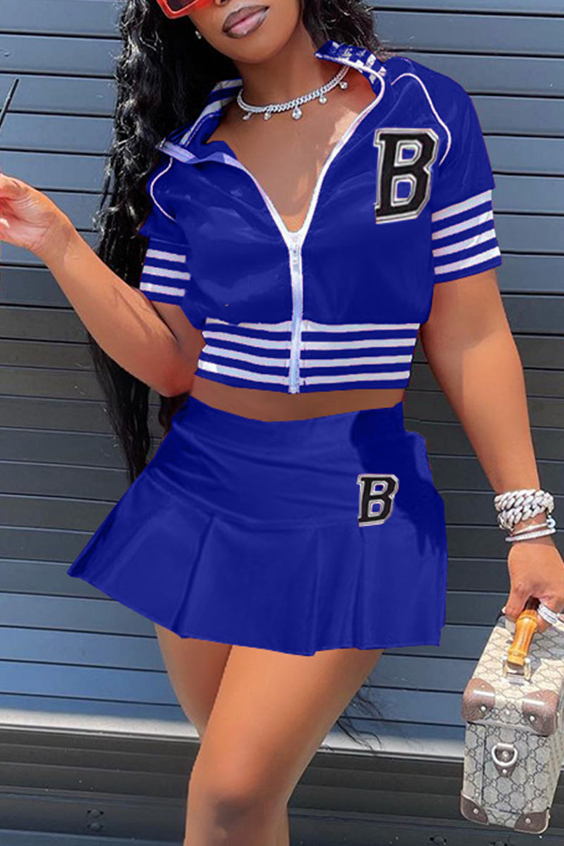 

Blue Casual Street Print Split Joint Zipper Collar Short Sleeve Two Pieces