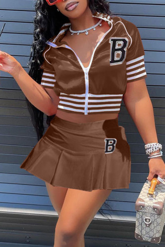 Brown Casual Street Print Patchwork Zipper Collar Short Sleeve Two Pieces