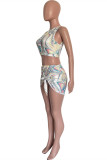 Baby Blue Fashion Sexy Print Hollowed Out Backless Swimwears