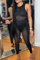 Black Sexy Solid Split Joint See-through O Neck Sleeveless Two Pieces