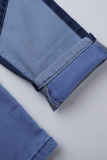 Calça jeans skinny preta casual color block patchwork cintura média