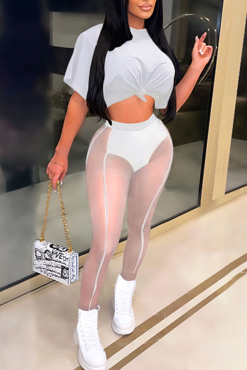

White Sexy Solid Split Joint See-through O Neck Short Sleeve Two Pieces