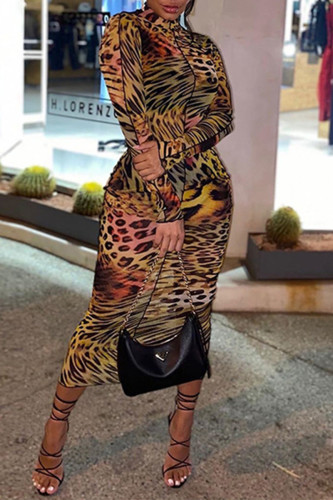 Leopard Print Fashion Casual Print Basic Turtleneck Long Sleeve Dresses