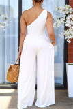 White Sexy Casual Solid Backless One Shoulder Regular Jumpsuits