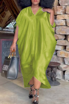 蛍光グリーンファッションカジュアルプラスサイズ無地非対称Vネック半袖ドレス