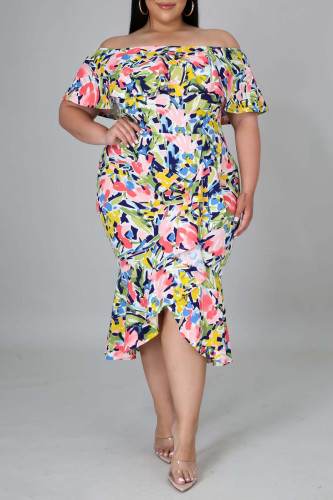 Colour Sweet Print Split Joint Asymmetrical Off the Shoulder Irregular Dress Plus Size Dresses