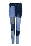 Jean skinny bleu décontracté en patchwork de blocs de couleurs à taille mi-haute