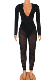 Black Sexy Solid Patchwork See-through Fold V Neck Long Sleeve Two Pieces