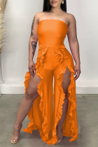 Tangerine Red Sexy Solid Flounce Strapless Boot Cut Jumpsuits