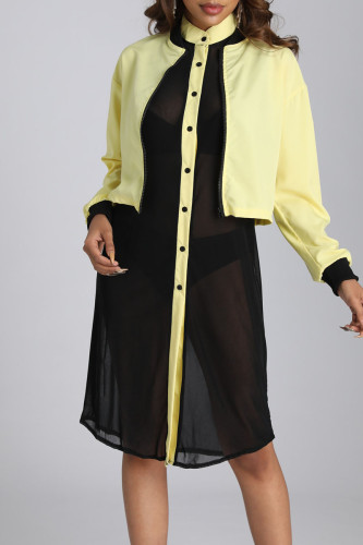 Yellow Casual Solid Split Joint Buckle See-through Mandarin Collar Two Pieces