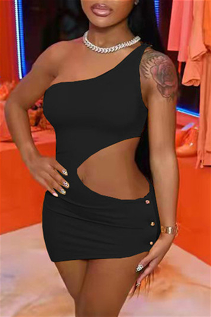 

Black Fashion Sexy Solid Hollowed Out Backless One Shoulder Sleeveless Dress