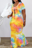 Blue Sexy Print Tie Dye Patchwork Backless O Neck Straight Dresses