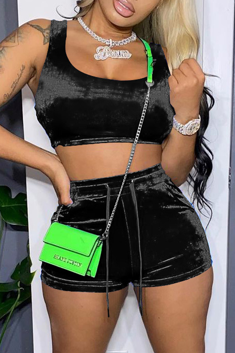 

Black Sexy Casual Solid Backless U Neck Sleeveless Two Pieces