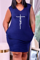 Blå Mode Casual Print Basic V-hals ärmlös klänning