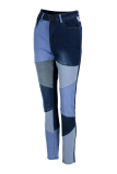 Blue Casual Color Block Patchwork Mid Waist Skinny Denim Jeans