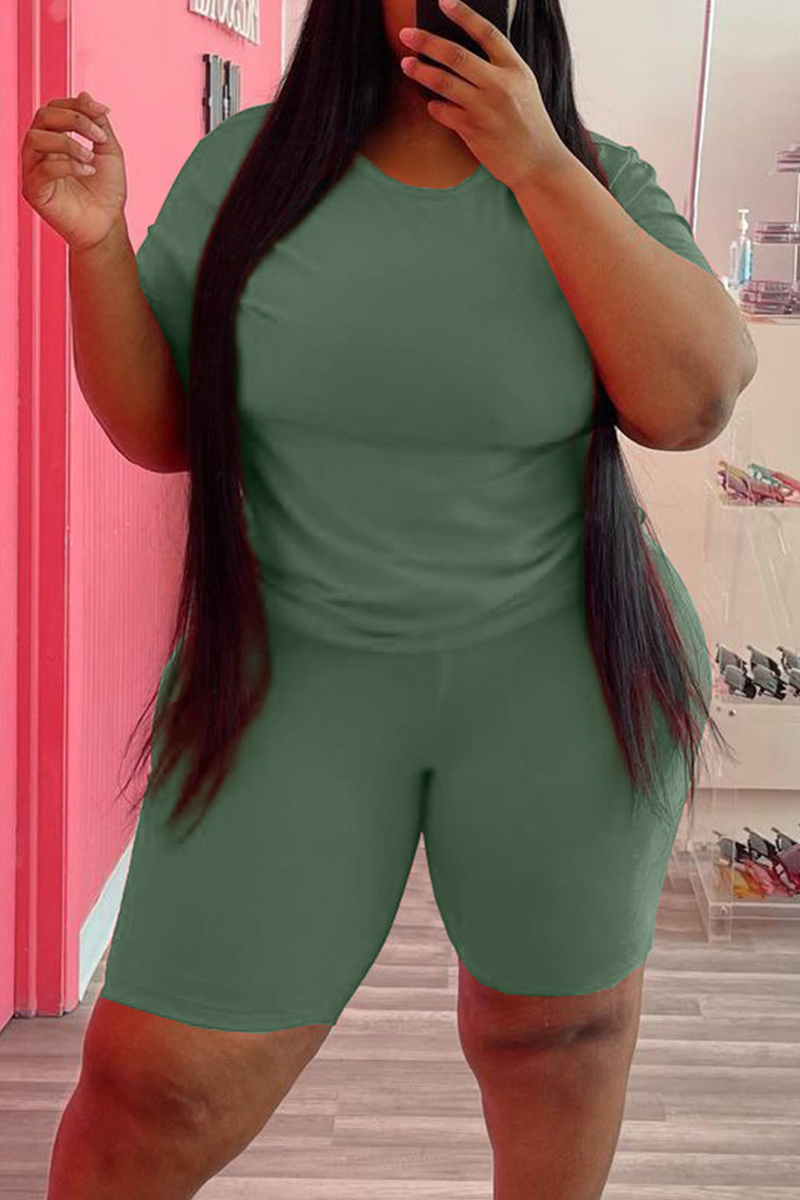 

Army Green Fashion Casual Solid Basic O Neck Plus Size Two Pieces