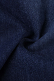 Blaue, lässige Farbblock-Patchwork-Röhrenjeans mit mittlerer Taille