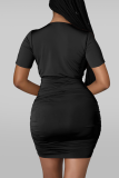ブラック セクシー ソリッド パッチワーク V ネック ペンシル スカート ドレス