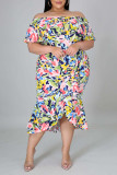 Kleur Sweet Print Patchwork Asymmetrische Off-shoulder Onregelmatige jurk Grote maten jurken