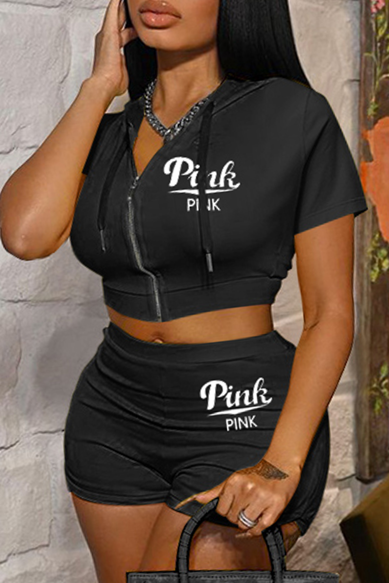 Black Casual Print Split Joint Hooded Collar Short Sleeve Two Pieces