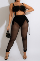 Black Sexy Solid Split Joint Spaghetti Strap Two Pieces