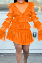 オレンジ色のファッションセクシーなソリッドパッチワークシースルータートルネック長袖XNUMXピース