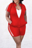 Rose Red Casual Solid Patchwork Zipper Plus Size Two Pieces