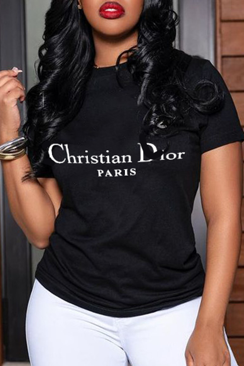 

Black Casual Street Print Split Joint Letter O Neck T-Shirts