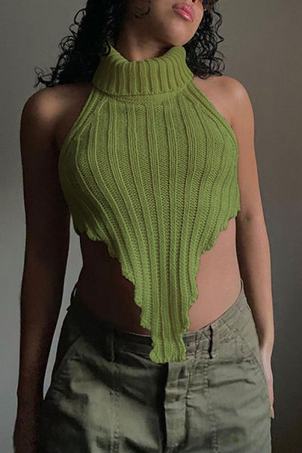 Tops de cuello alto asimétrico sin espalda sólido casual verde sexy