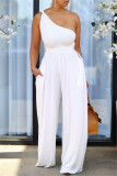 White Sexy Casual Solid Backless One Shoulder Regular Jumpsuits