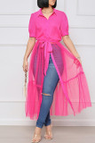 ピンク ファッション カジュアル ソリッド パッチワーク ターンダウンカラー 半袖 ドレス ドレス