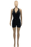 Black Sexy Solid Patchwork Halter Straight Rompers