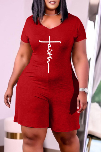 Red Fashion Casual Print Basic V Neck Regular Rompers