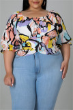 Deep Blue Fashion Casual Print Patchwork Off the Shoulder Plus Size Tops