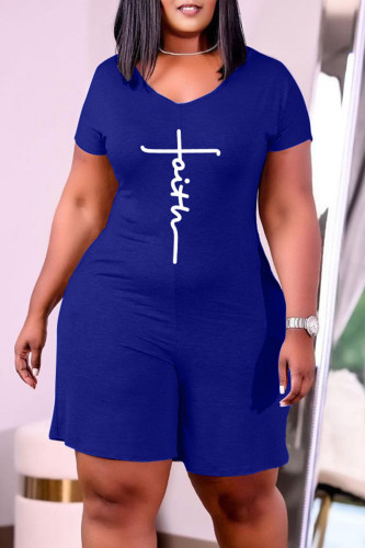 Blue Fashion Casual Print Basic V Neck Regular Rompers