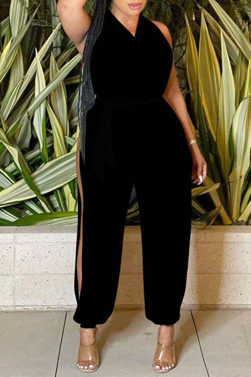 

Black Sexy Solid Split Joint Slit V Neck Straight Jumpsuits