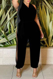 Zwarte sexy effen patchwork rechte jumpsuits met split en V-hals