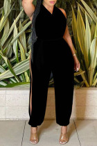 Black Sexy Solid Patchwork Slit V Neck Straight Jumpsuits