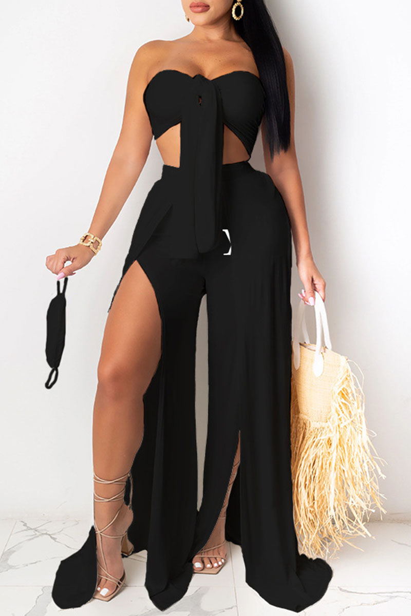 

Black Fashion Sexy Solid Split Joint Strapless Sleeveless Two Pieces