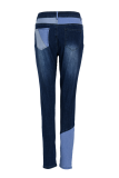 Blå Casual Color Block Patchwork Skinny Jeans med mid midja