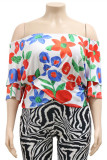 White Fashion Casual Print Patchwork Off the Shoulder Plus Size Tops