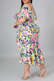 Color Sweet Print Patchwork asymmetrisch schulterfrei unregelmäßiges Kleid Plus Size Kleider