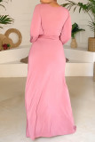 Pink Fashion Casual Solid Basic V-Ausschnitt Langarm Zweiteiler