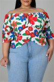 White Fashion Casual Print Patchwork Off the Shoulder Plus Size Tops