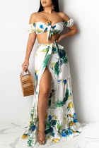White Fashion Sexy Print Bandage Backless Slit Off the Shoulder Short Sleeve Two Pieces