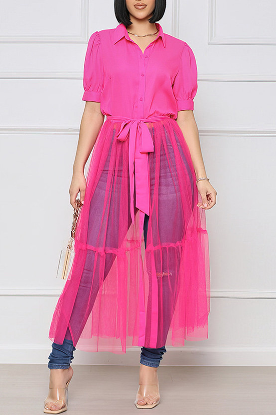 Pink Fashion Casual Solid Patchwork Turndown Collar Short Sleeve Dress Dresses