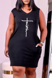Zwarte mode casual print basic v-hals mouwloze jurk
