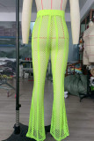 Зеленые сексуальные однотонные выдолбленные лоскутные прямые однотонные брюки с высокой талией