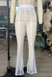 Белые сексуальные однотонные выдолбленные лоскутные прямые однотонные брюки с высокой талией