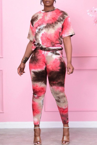 Red Fashion Casual Print Tie-dye O Neck Short Sleeve Two Pieces
